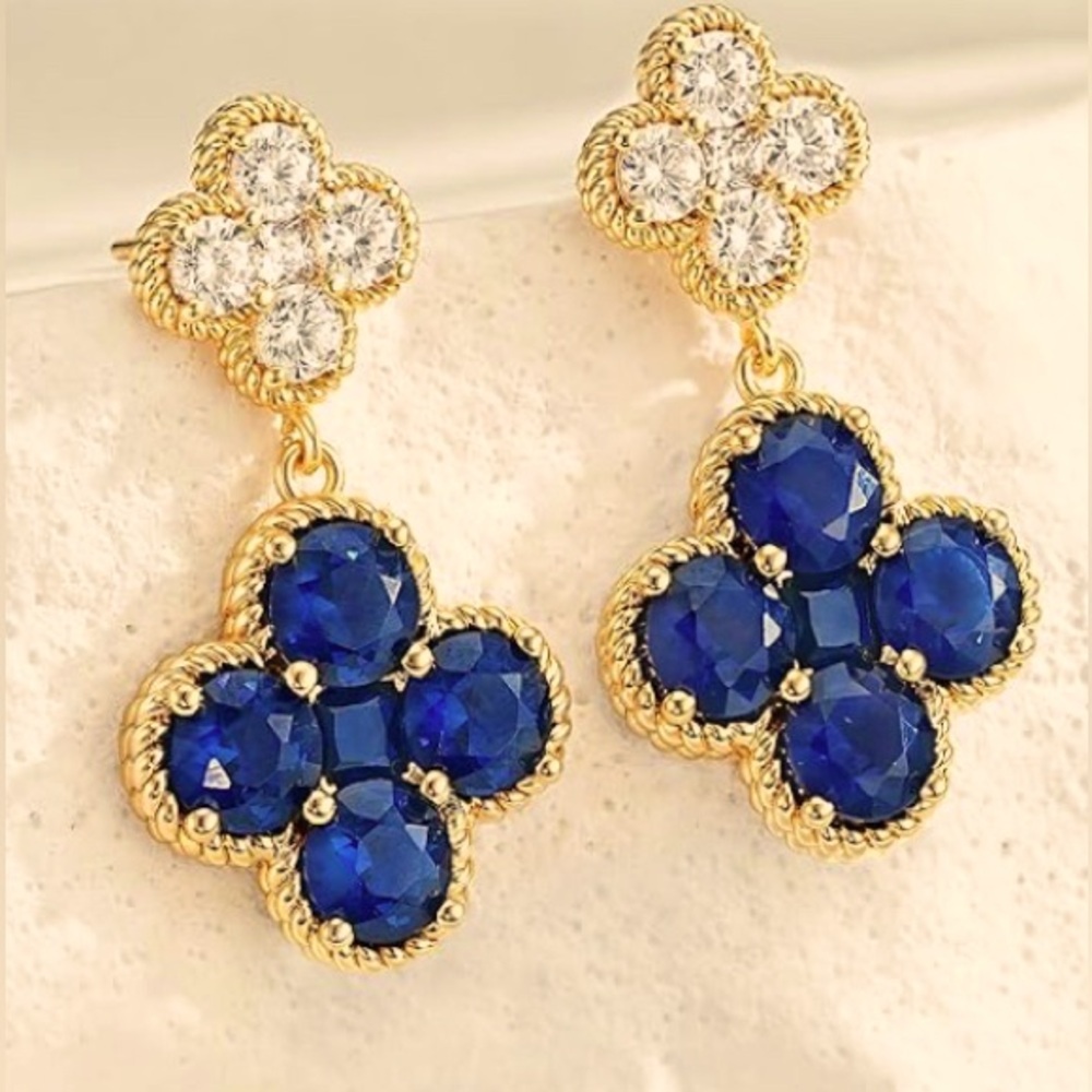 Gorgeous Dillards 18KT Gold over 925 Blue & White Sapphire Clover earrings